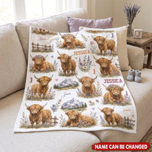 Personalized Highland Cow Baby Blanket - Custom Name Floral Nursery Decor & Shower Gift