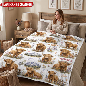 Personalized Highland Cow Baby Blanket - Custom Name Floral Nursery Decor & Shower Gift