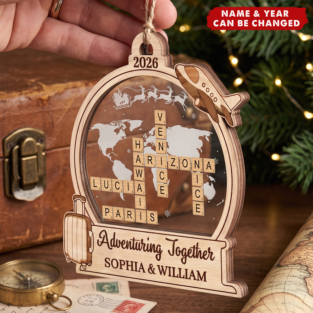 Christmas Gift For Couple Personalized Travel Adventures Crossword Puzzle Acrylic Wooden Ornament