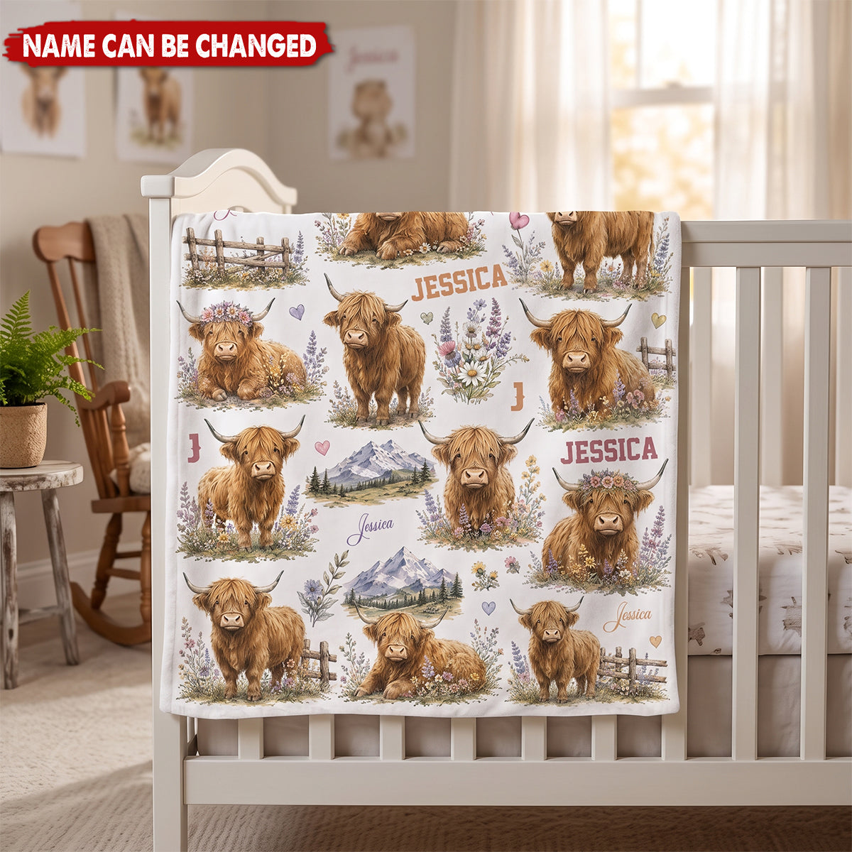 Personalized Highland Cow Baby Blanket - Custom Name Floral Nursery Decor & Shower Gift