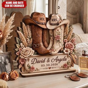 Rustic Anniversary Wedding - Personalized Cowboy Boots Wooden Plaque
