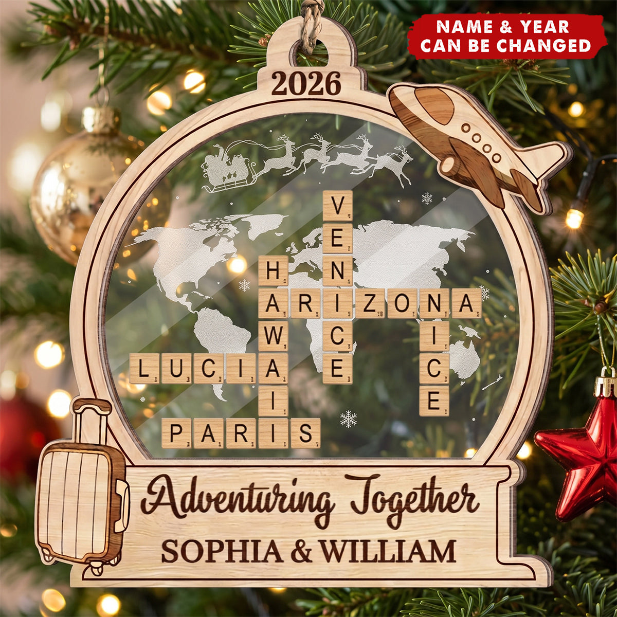 Christmas Gift For Couple Personalized Travel Adventures Crossword Puzzle Acrylic Wooden Ornament