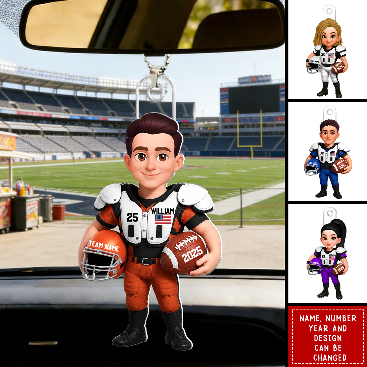 3D Effect Proud American Football Player - Personalized Car Ornament