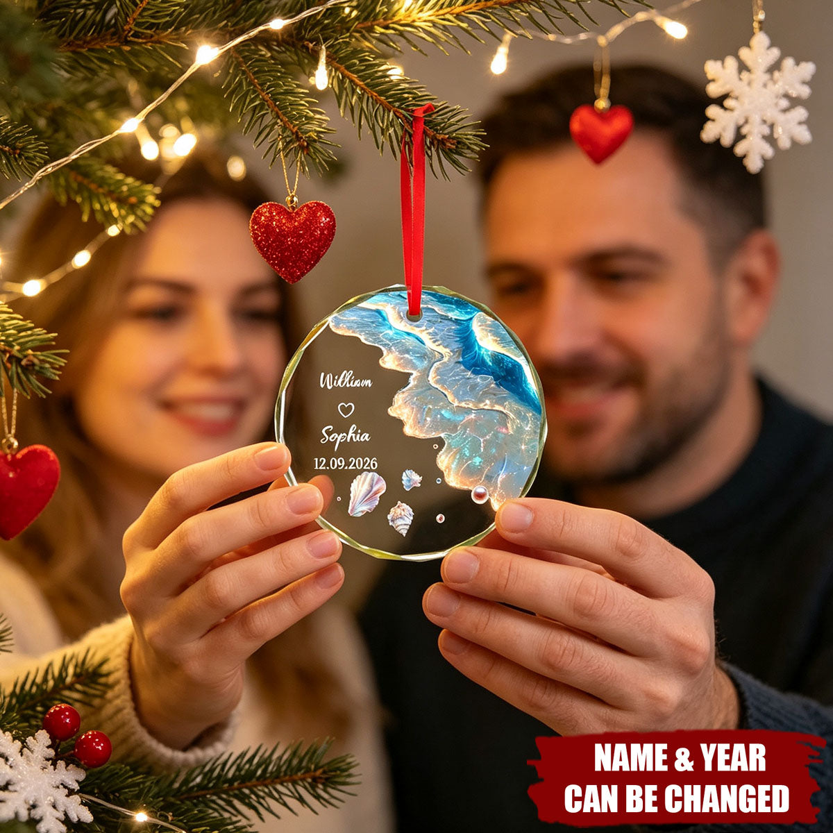 Custom Crystal Ornament for Couple, Romantic Coastal Keepsake with Wedding Portrait Look