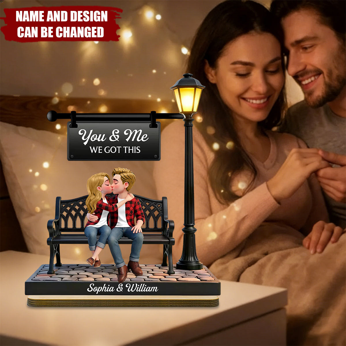 Everlasting Love Couple Sitting Kissing Under Lamp Post - Personalized 2-Layered Wooden Plaque - Valentine's Day Gift For Couple