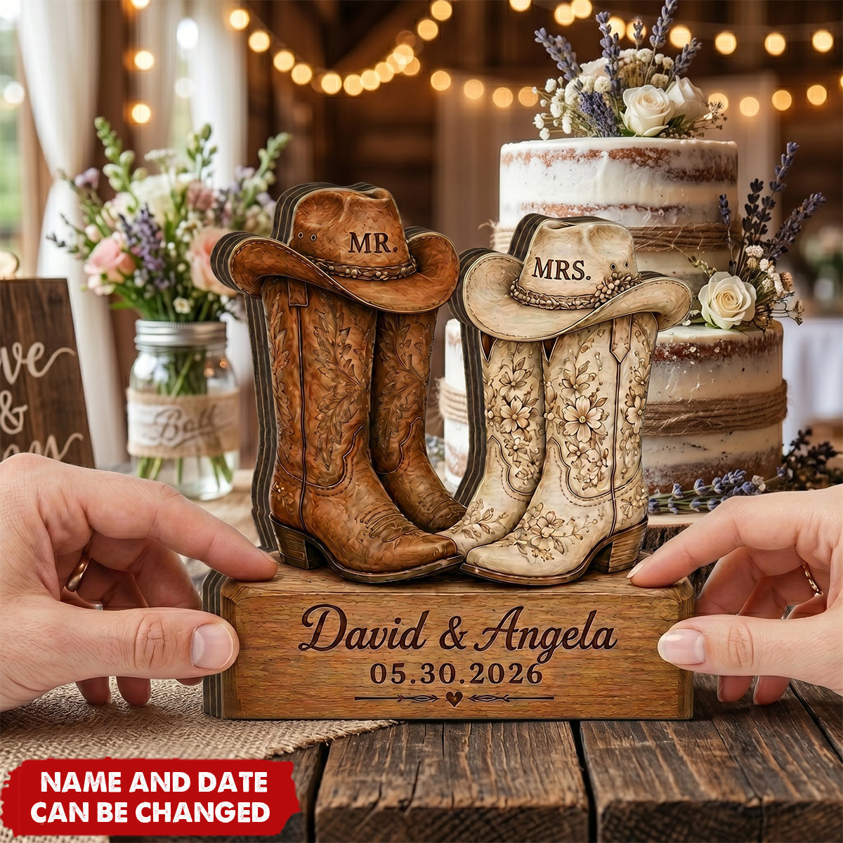 Western Wedding Mr and Mrs - Personalized Wooden 4-Layer Block