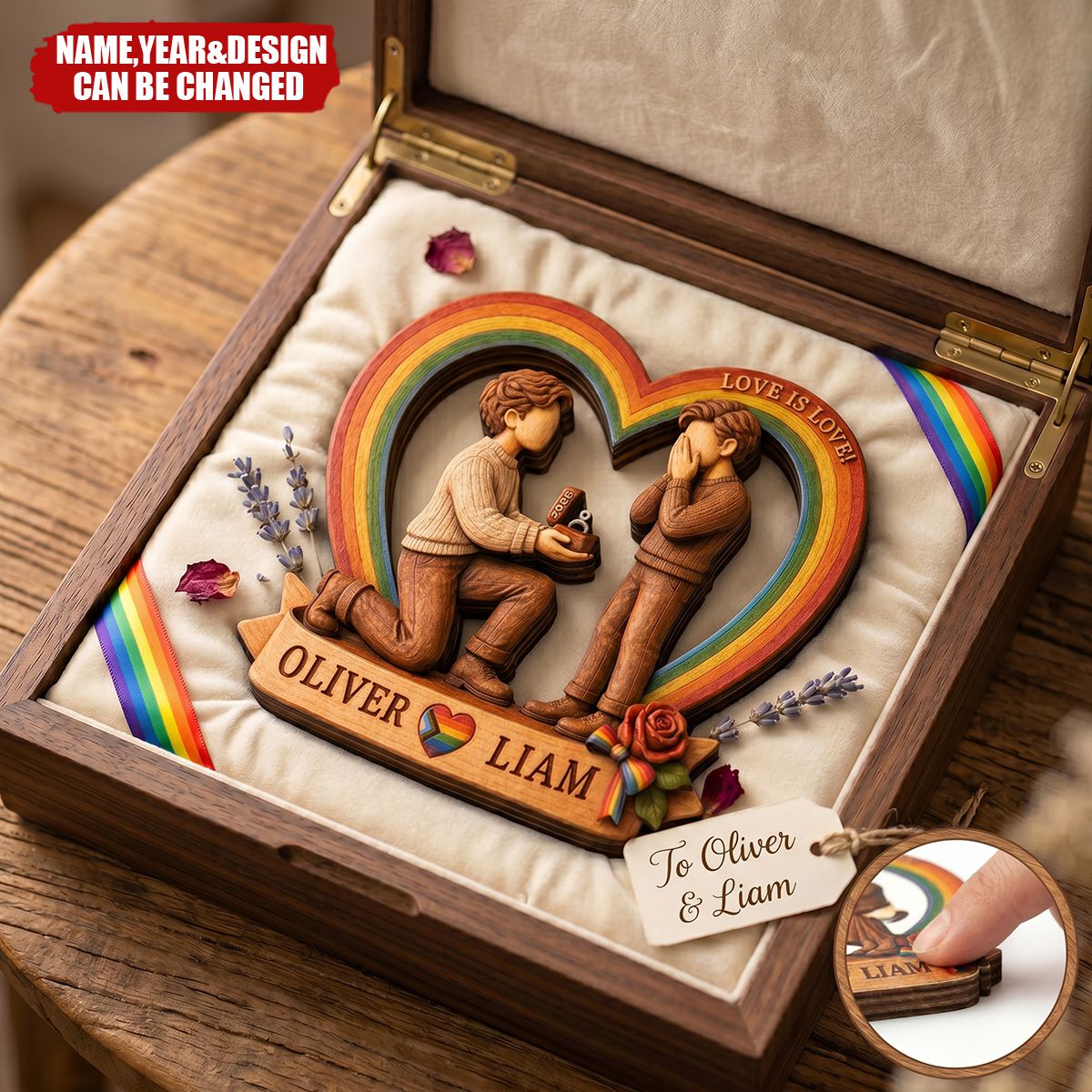 Pride Engagement Art – Personalized Wooden 4-Layer Block, Unique 2D Layered Home Decor