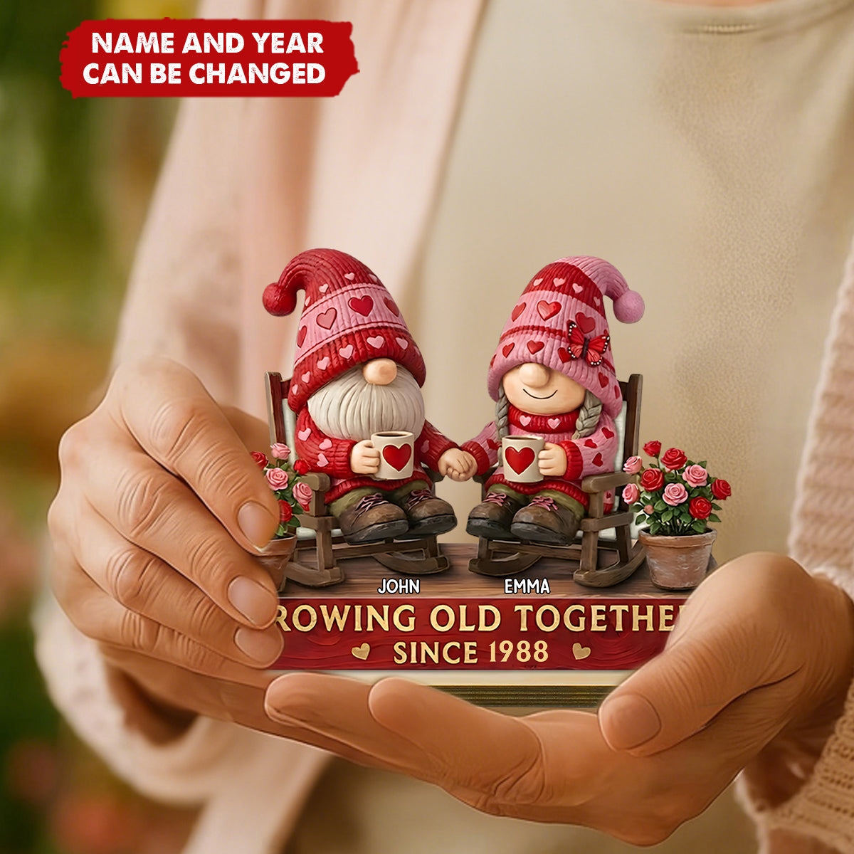 Growing Old Together With Hearts And Roses - Personalized Standing Wooden Plaque - Gift for Couple