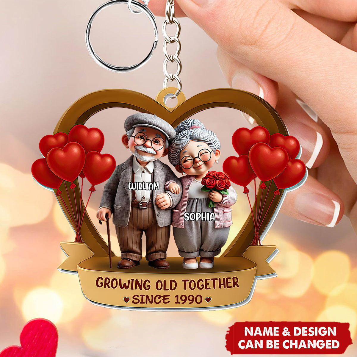 Growing Old Together, Elderly Couple With Hearts And Balloons, Custom Acrylic Keychain
