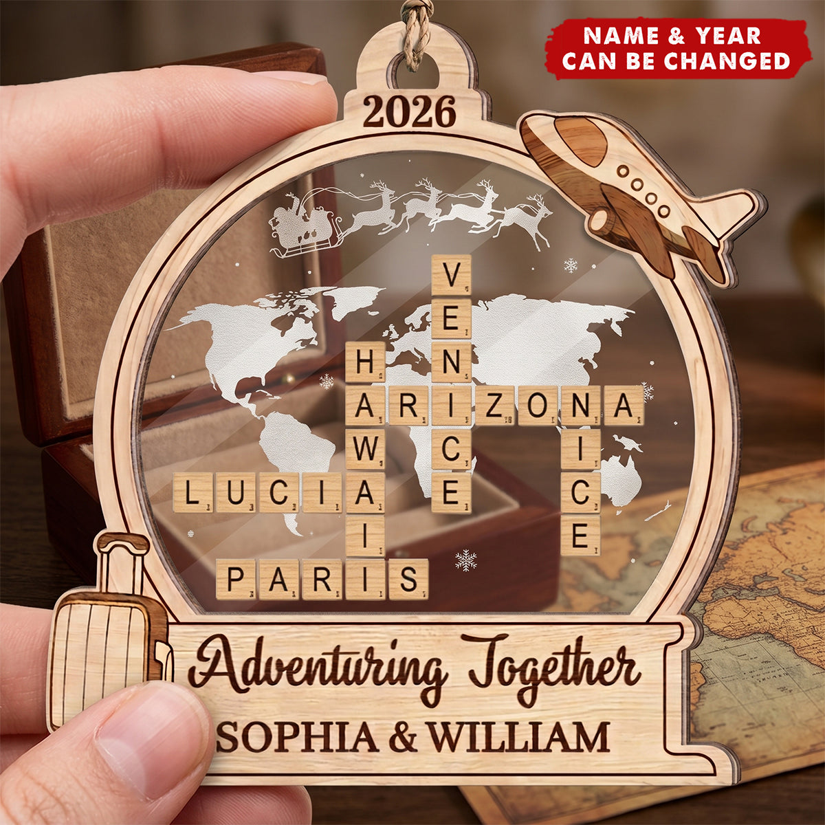 Christmas Gift For Couple Personalized Travel Adventures Crossword Puzzle Acrylic Wooden Ornament