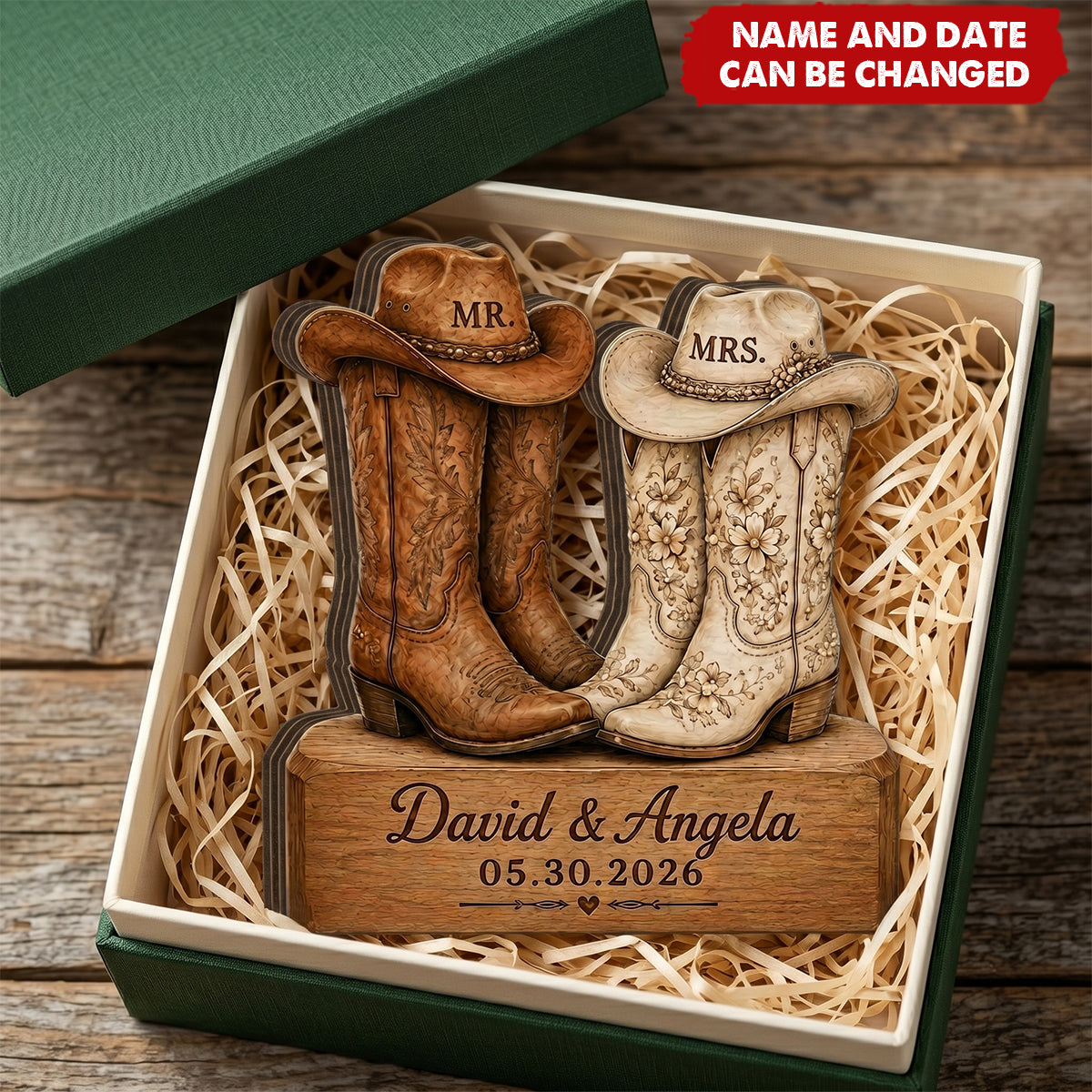 Western Wedding Mr and Mrs - Personalized Wooden 4-Layer Block