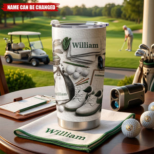 Golf Enthusiast Personalized Tumbler Featuring Clubs and Balls, Gift For Dad and Sports Lovers