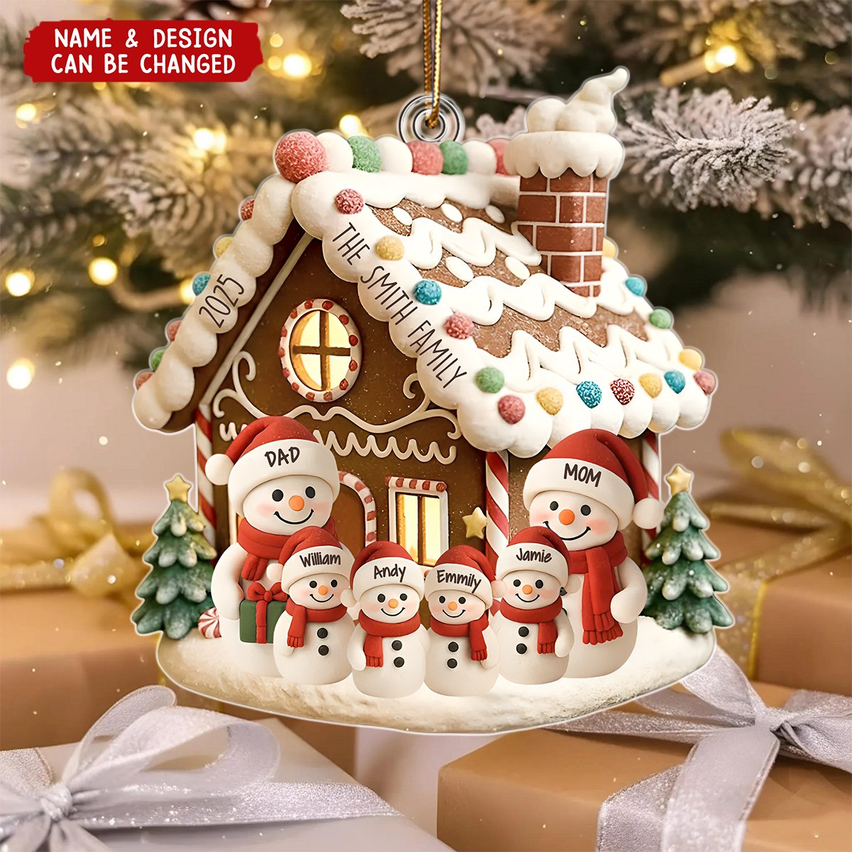 Gingerbread House With Snowman Family - Personalized Acrylic Ornament
