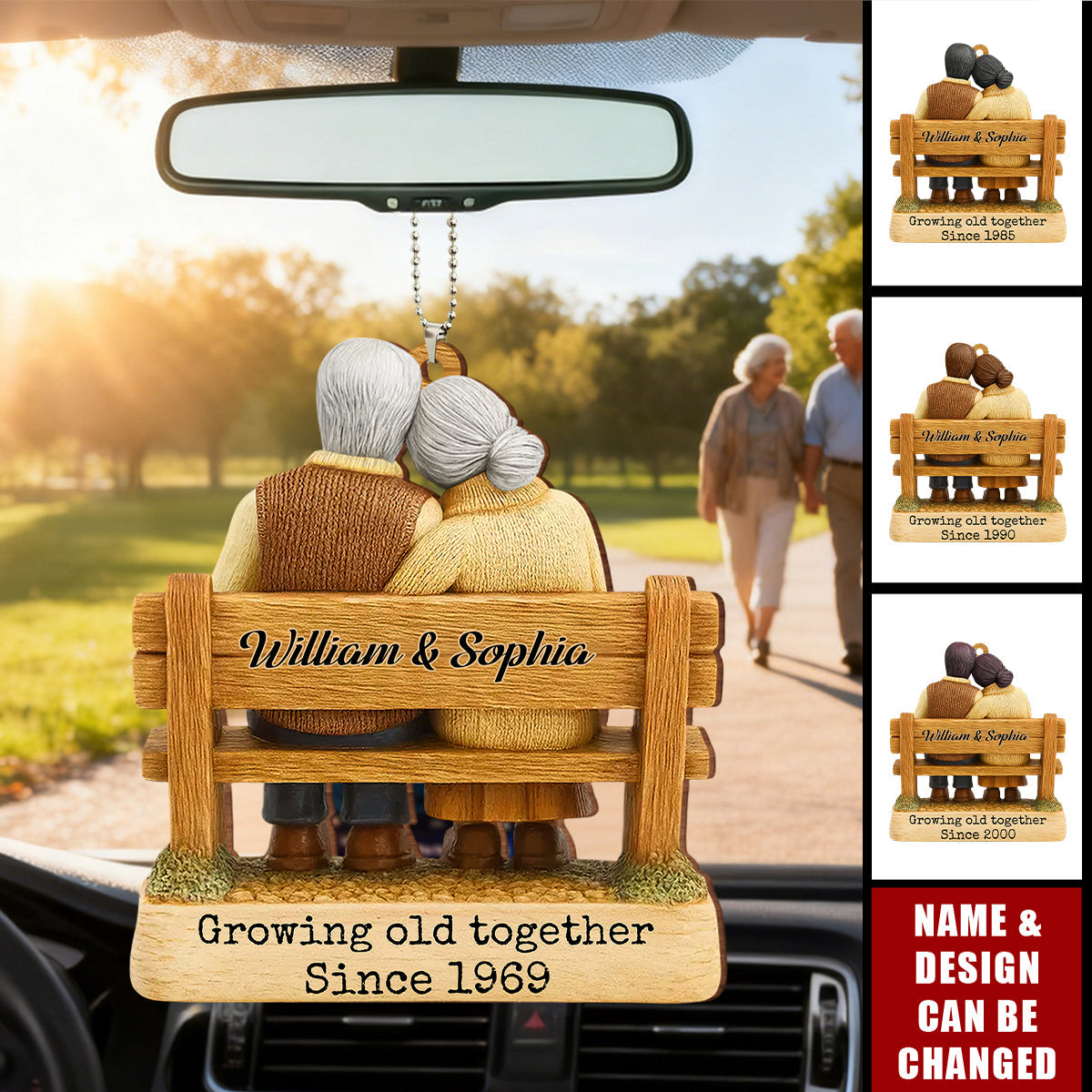 Growing Old Together Since, Loving Couple On Bench, Car Ornament, Gift For Couples