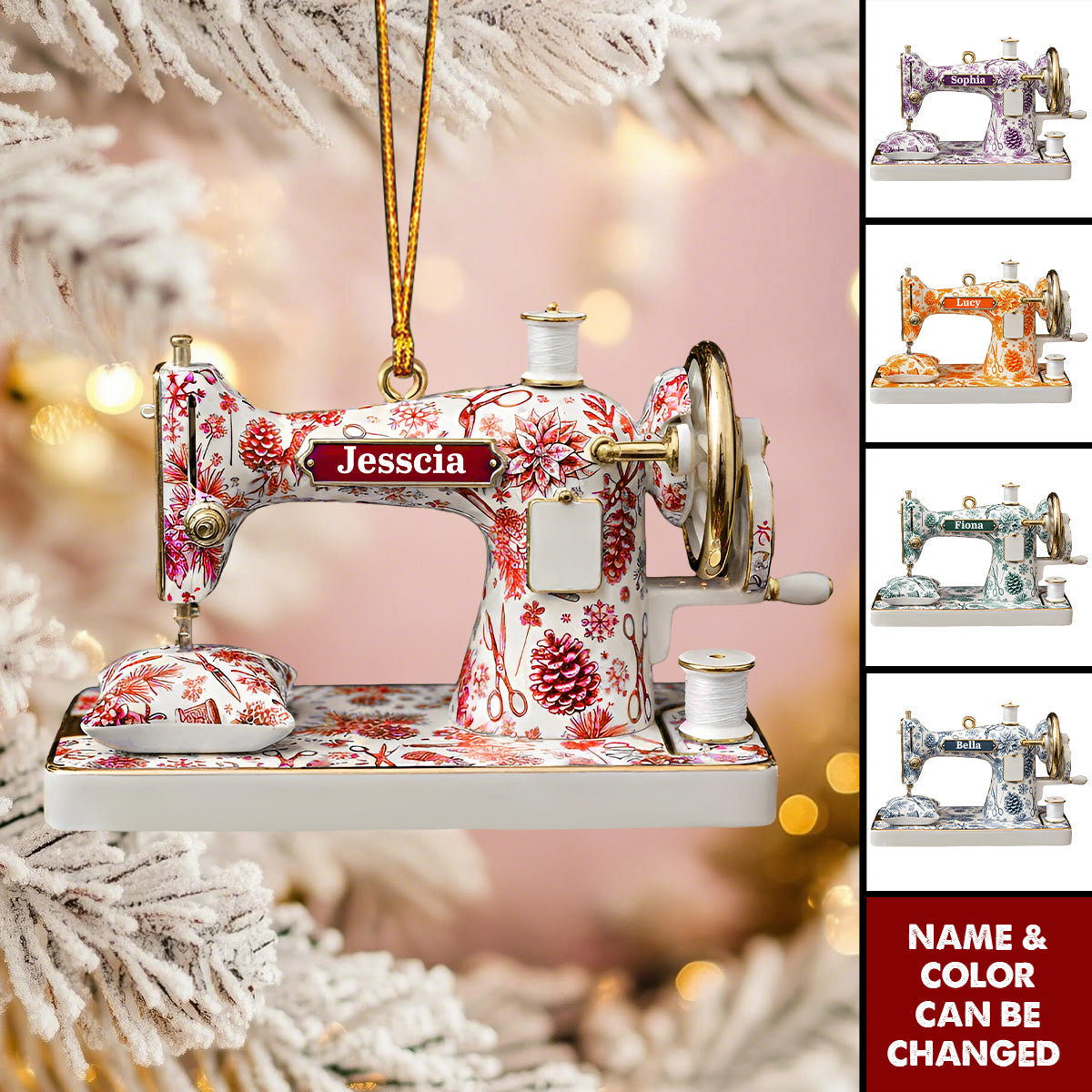 Personalized Toile De Jouy Sewing Machine Ornament, Custom Name Pink Floral Vintage Sewing Decor for Seamstresses