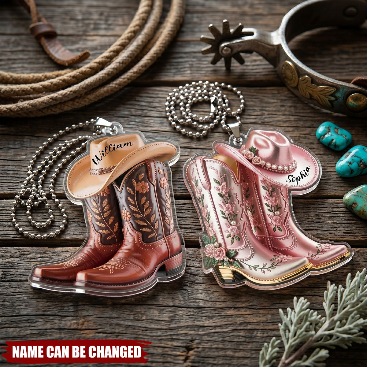 Cowgirl Cowboy Boots Personalized Western Acrylic Car Ornament
