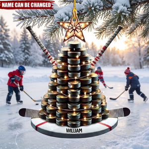 Personalized Hockey Christmas Ornament With Puck, Tree, And Stick