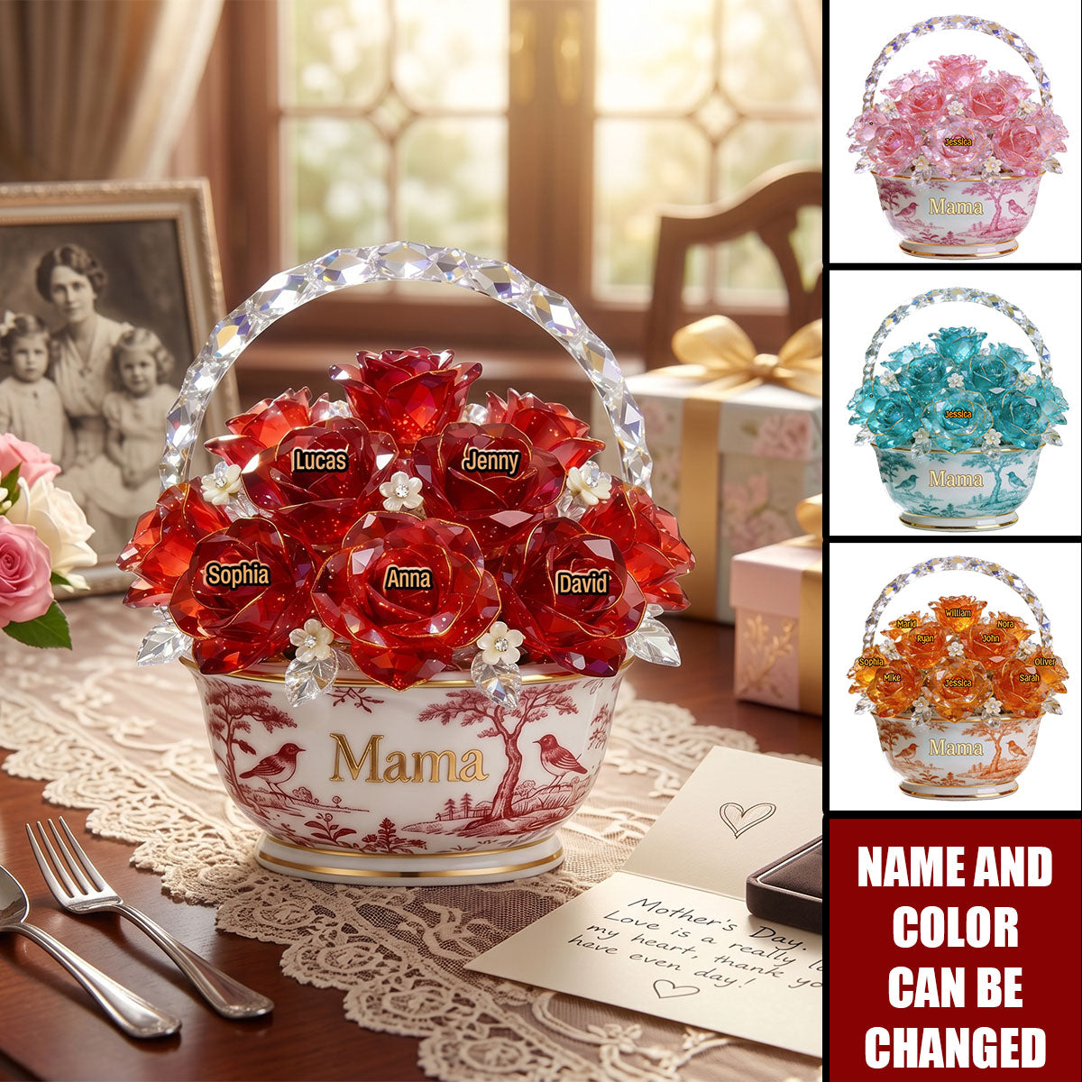 Toile De Jouy Flower Basket  - Personalized Acrylic Block Plaque, Gift For Mom