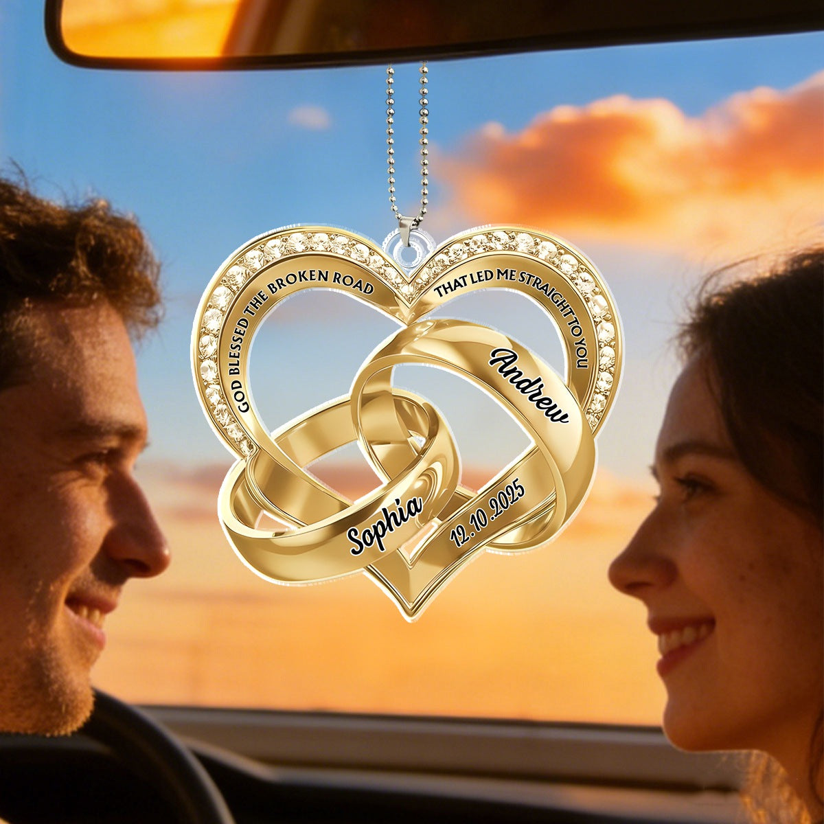 God Blessed The Broken Road, Heart And Rings - Personalized Acrylic Car Ornament