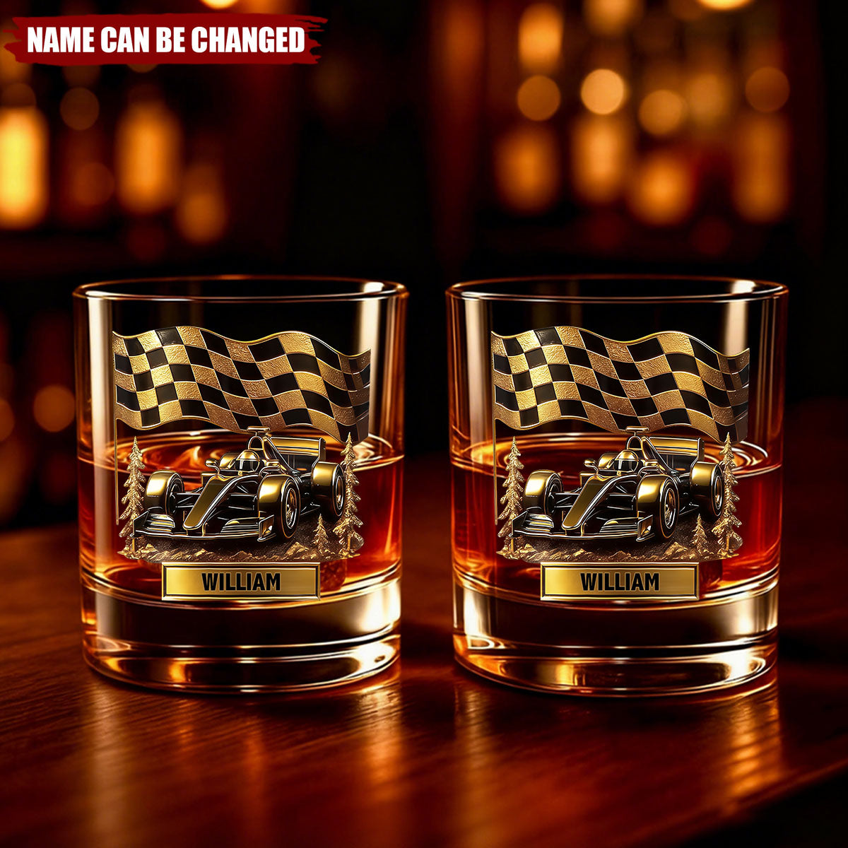 Cherish Your Victories, Celebrate Your Passions, Race Car And Checkered Flag Whiskey Glass