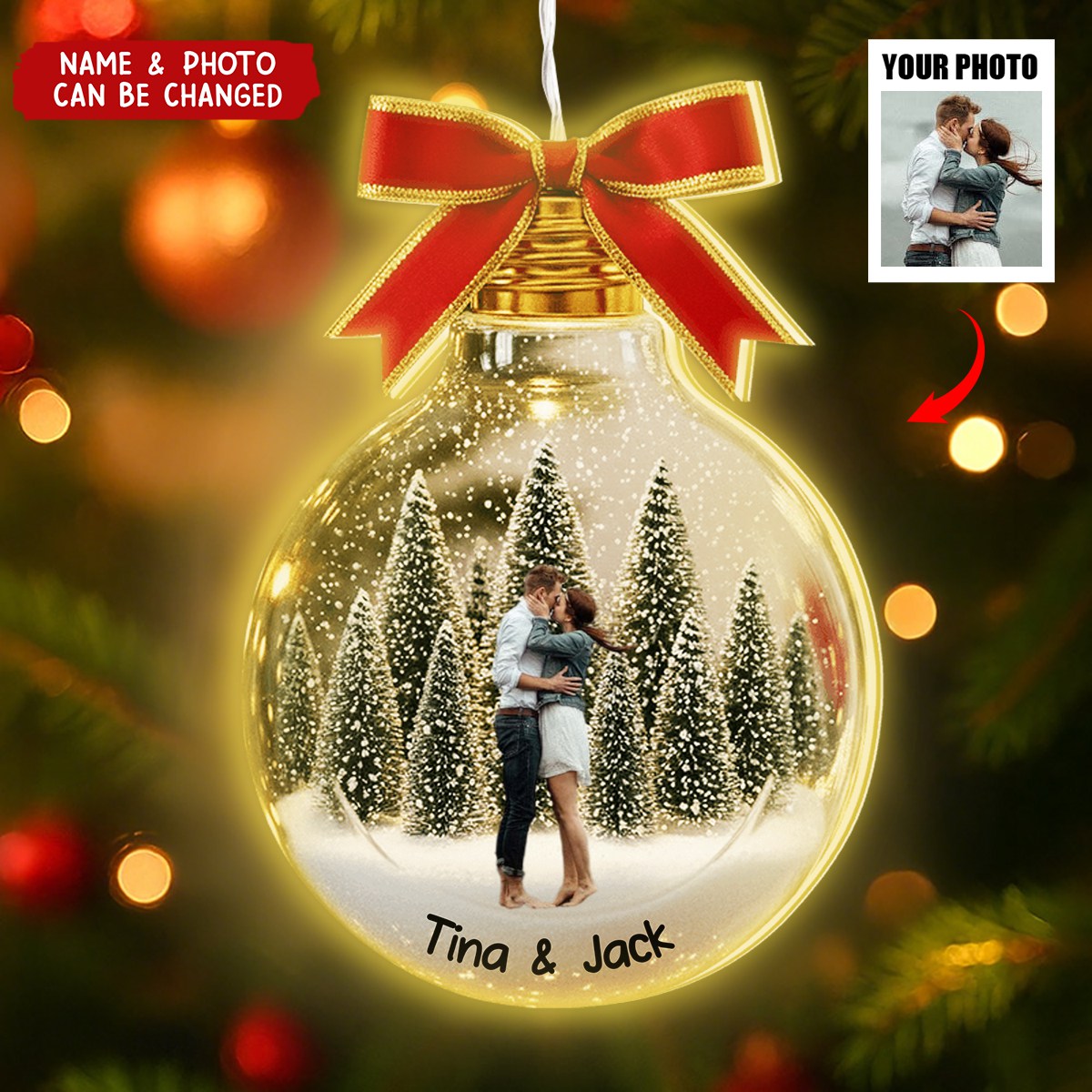 Custom Photo Gift For Holiday - Personalized Couple LED Light Ornament