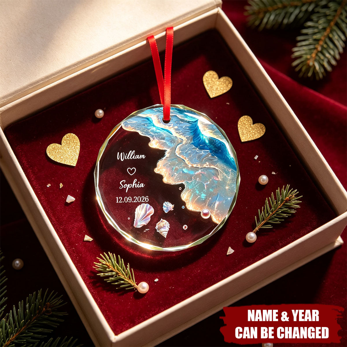 Custom Crystal Ornament for Couple, Romantic Coastal Keepsake with Wedding Portrait Look
