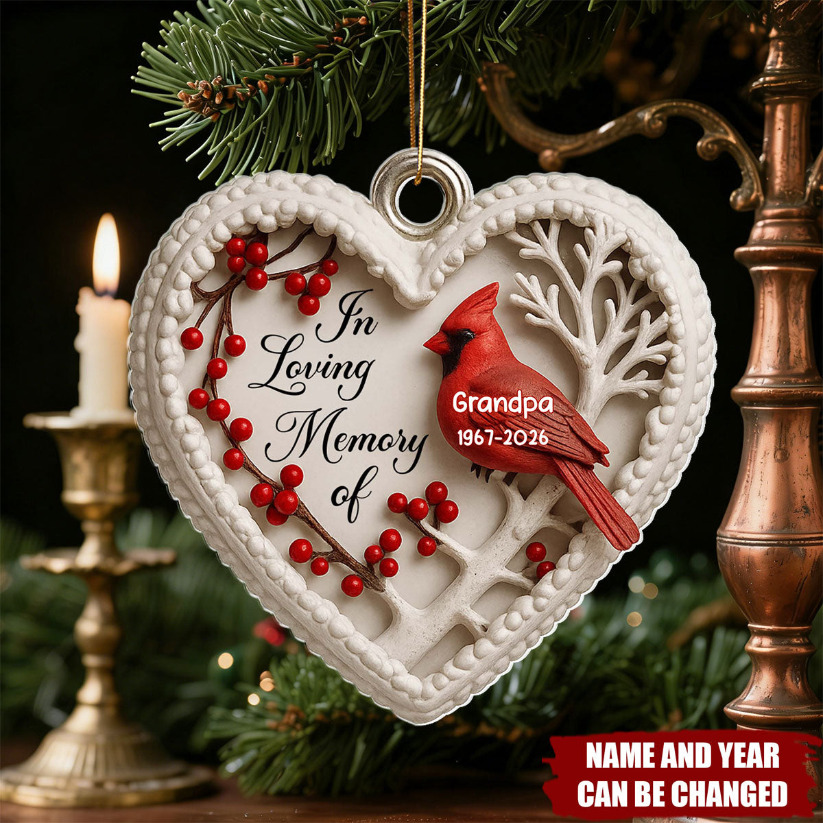 In Loving Memory Of Cardinal And Berries Heart - Personalized Acrylic Custom Shape Ornament