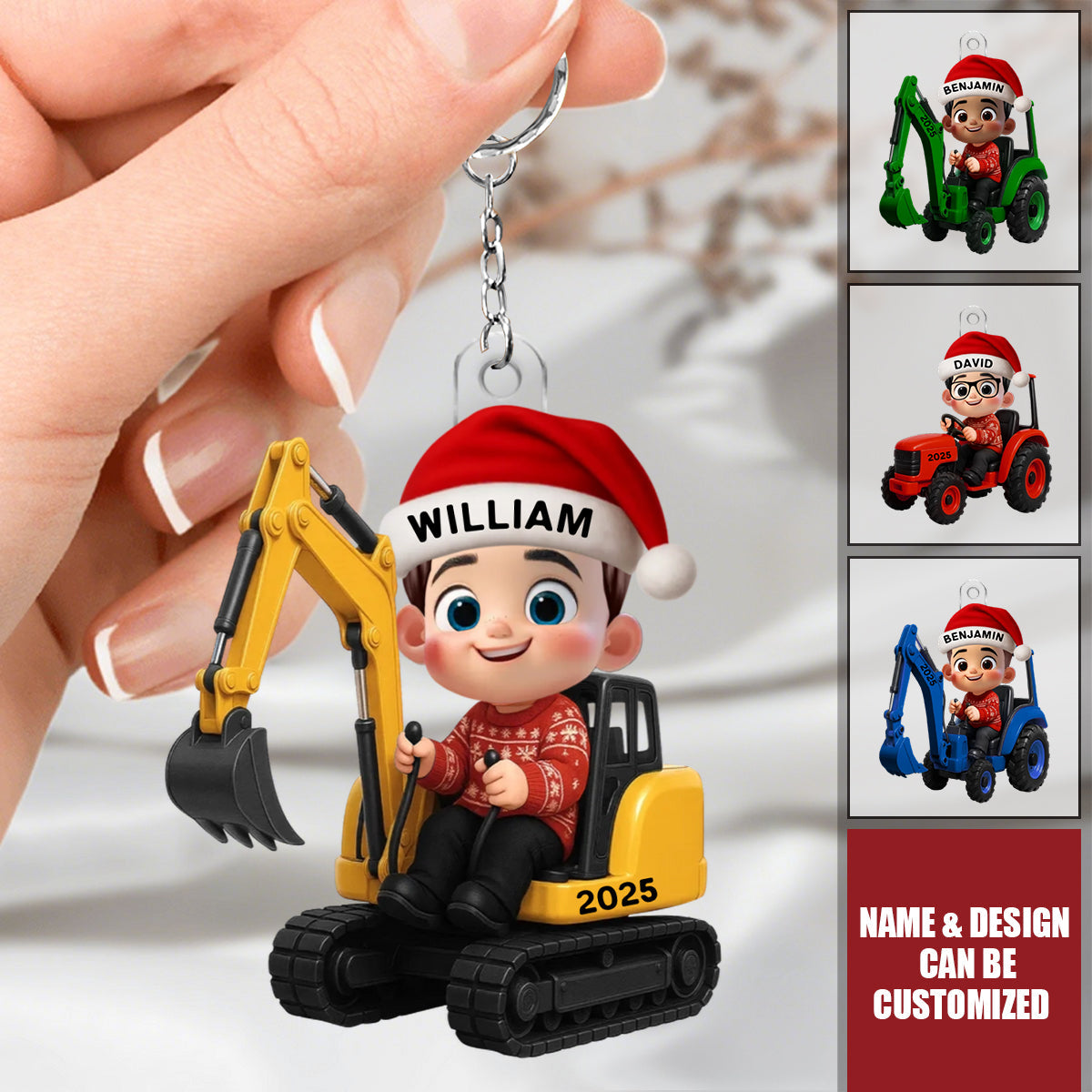 Little Boy Kid With Car Excavator Backhoe Tractor - Personalized Acrylic Keychain