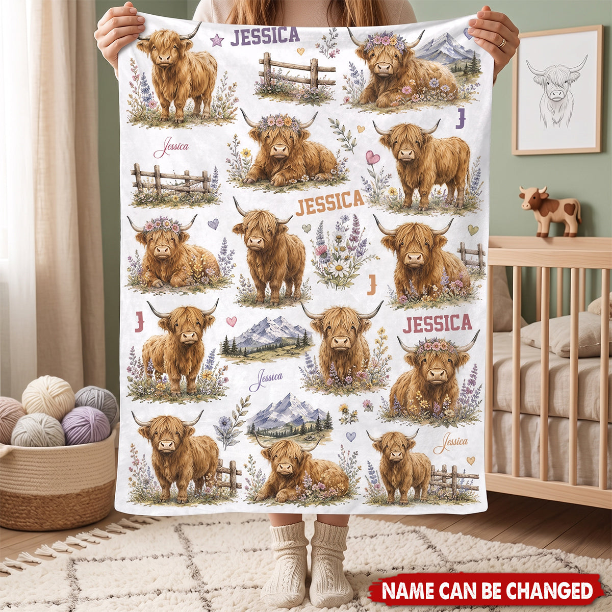 Personalized Highland Cow Baby Blanket - Custom Name Floral Nursery Decor & Shower Gift