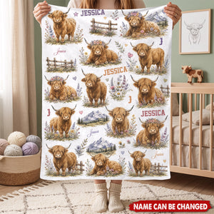 Personalized Highland Cow Baby Blanket - Custom Name Floral Nursery Decor & Shower Gift