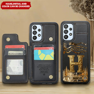 Golden Initial Gift For Husband And Son - Personalized Leather Flip Wallet Phone Case