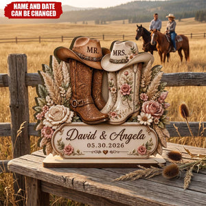 Rustic Anniversary Wedding - Personalized Cowboy Boots Wooden Plaque