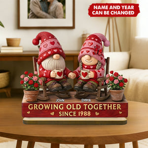 Growing Old Together With Hearts And Roses - Personalized Standing Wooden Plaque - Gift for Couple