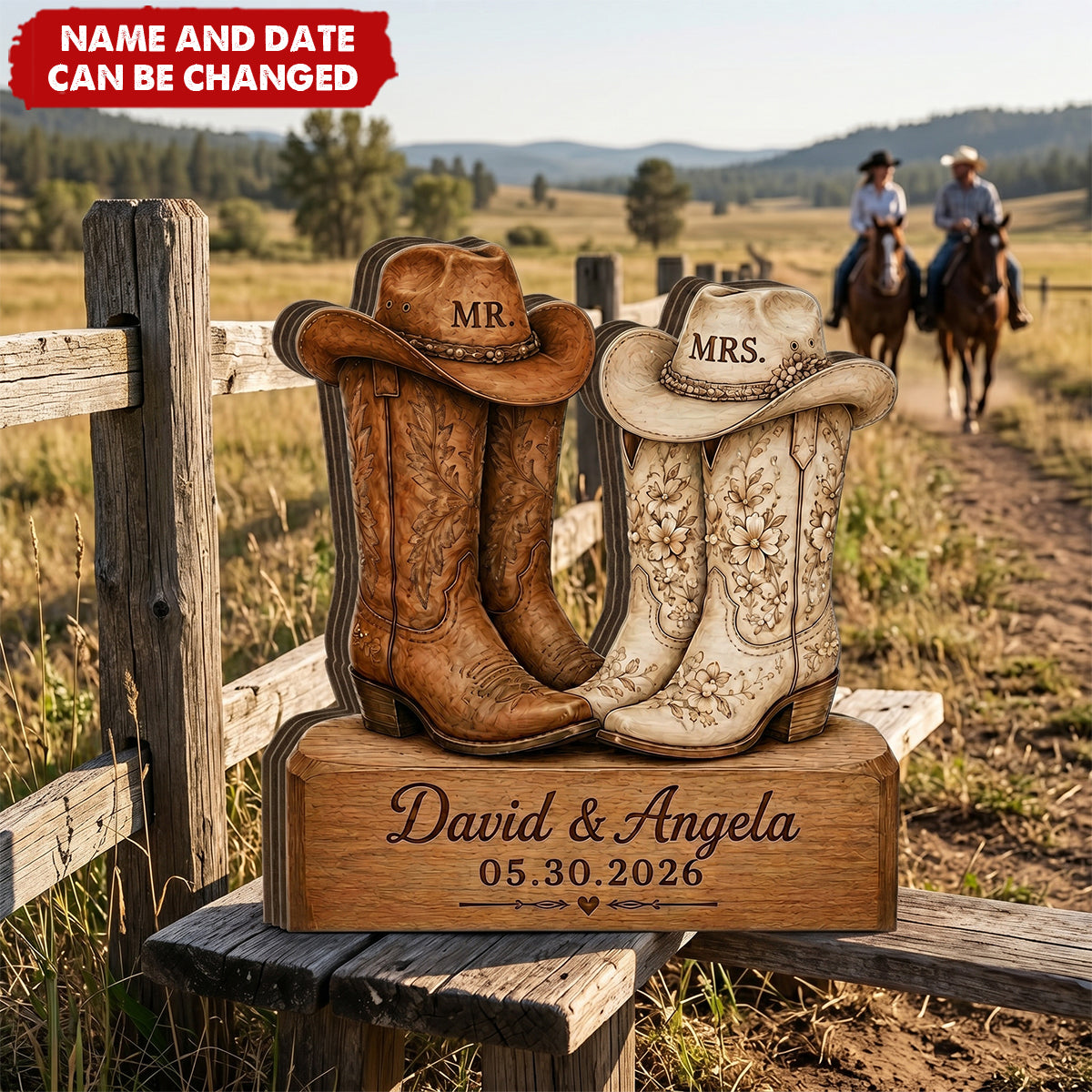 Western Wedding Mr and Mrs - Personalized Wooden 4-Layer Block