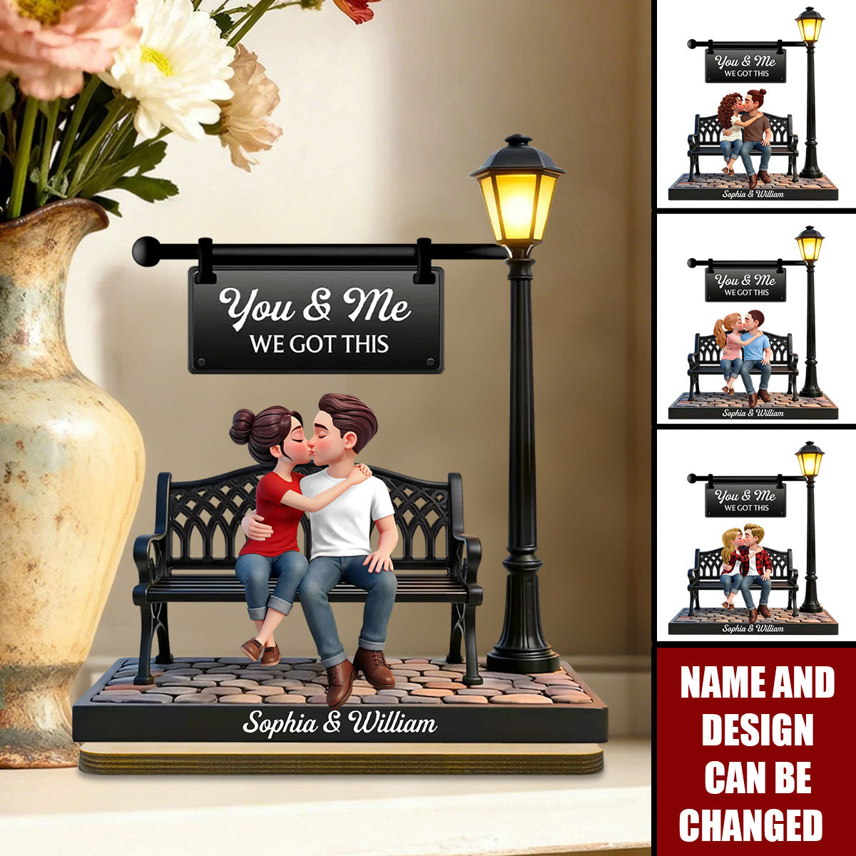 Everlasting Love Couple Sitting Kissing Under Lamp Post - Personalized 2-Layered Wooden Plaque - Valentine's Day Gift For Couple