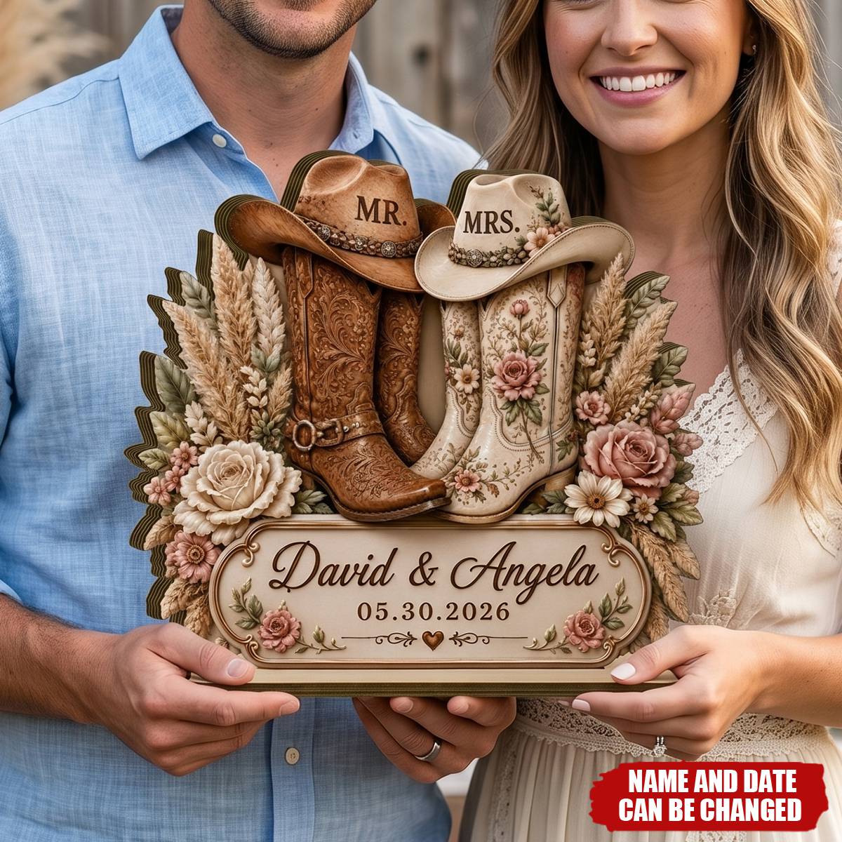 Rustic Anniversary Wedding - Personalized Cowboy Boots Wooden Plaque