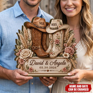 Rustic Anniversary Wedding - Personalized Cowboy Boots Wooden Plaque