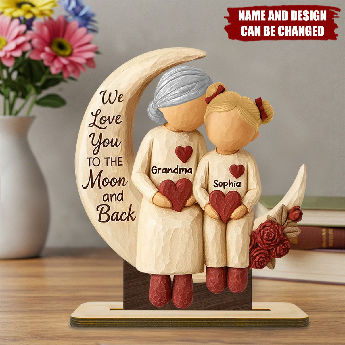 Grandma Grandkids on Moon - Personalized Standing Wooden Plaque