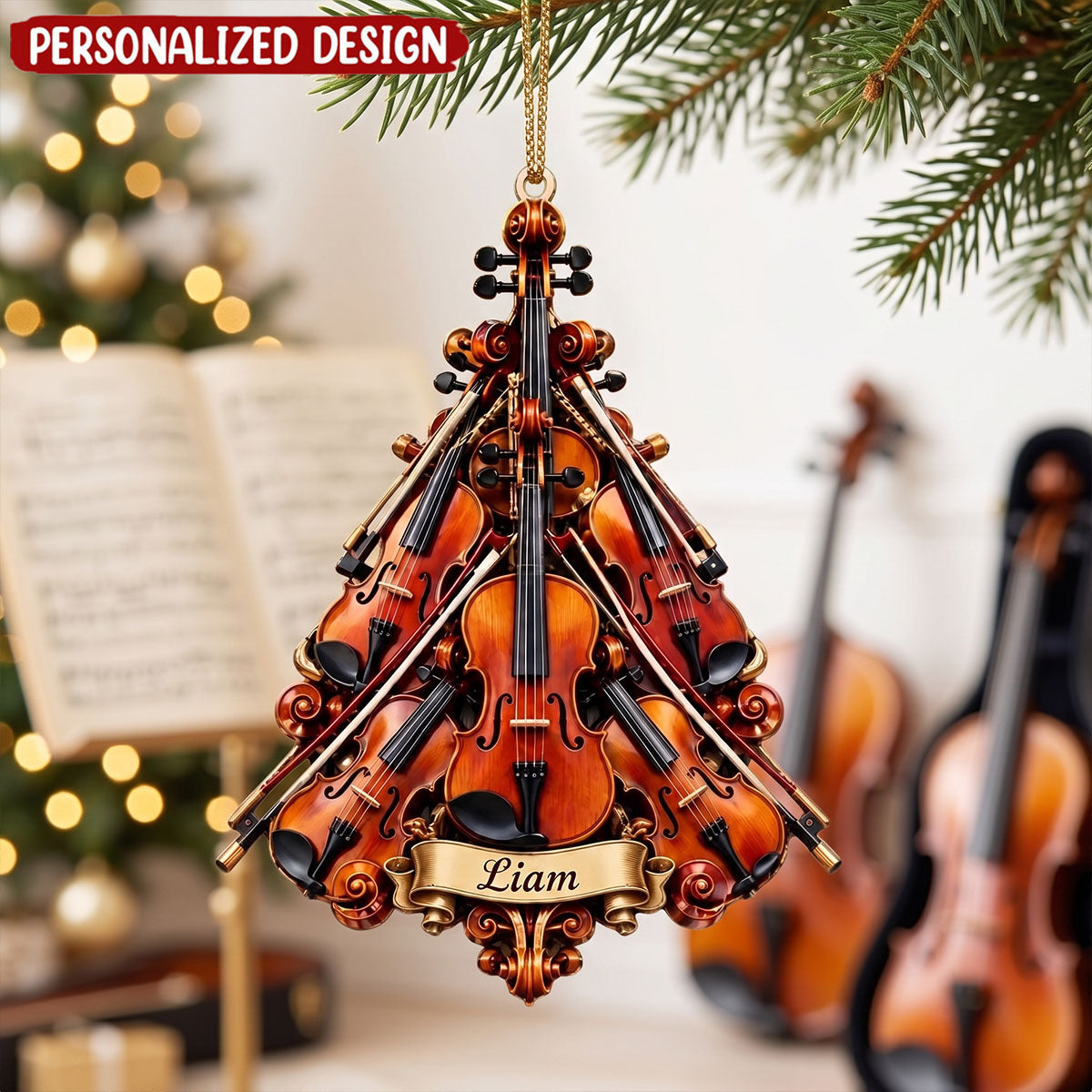 Custom Name Violin Christmas Tree Ornament, Unique Violin Player Holiday Decor