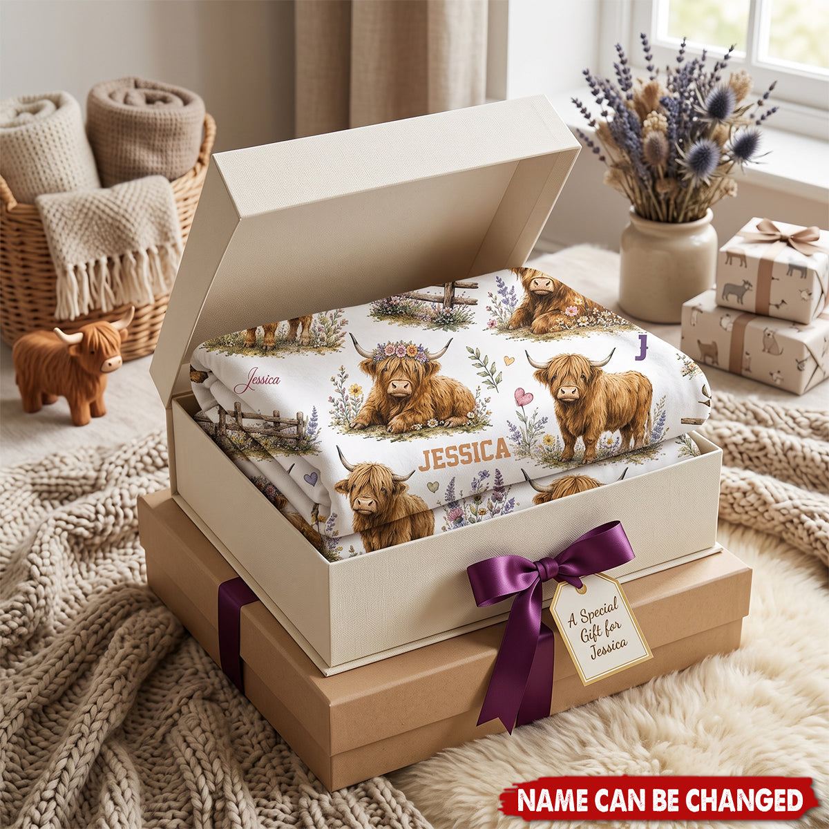 Personalized Highland Cow Baby Blanket - Custom Name Floral Nursery Decor & Shower Gift