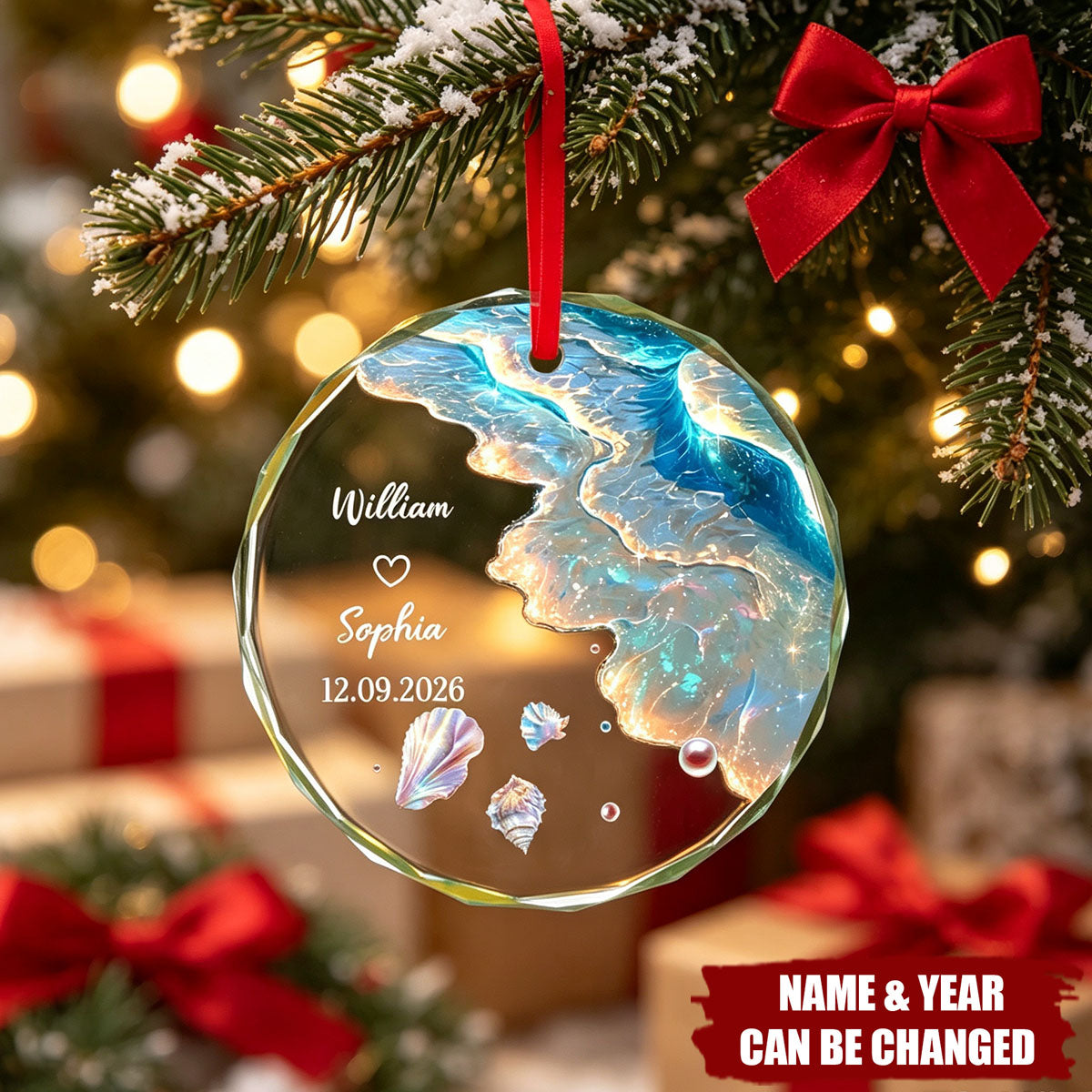 Custom Crystal Ornament for Couple, Romantic Coastal Keepsake with Wedding Portrait Look