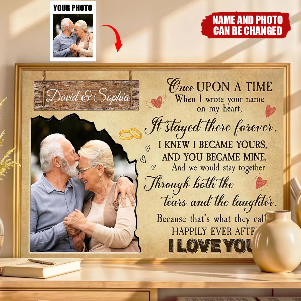 Once Upon A Time, Hearts And Wedding Rings,Personalized Custom Horizontal Poster,Gift For Spouses