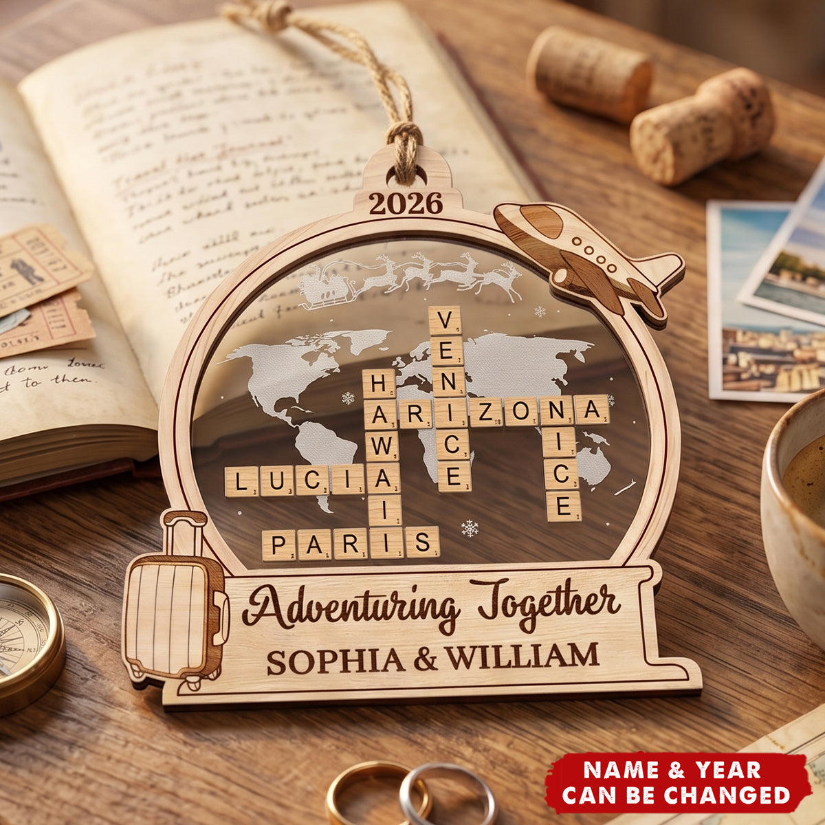 Christmas Gift For Couple Personalized Travel Adventures Crossword Puzzle Acrylic Wooden Ornament