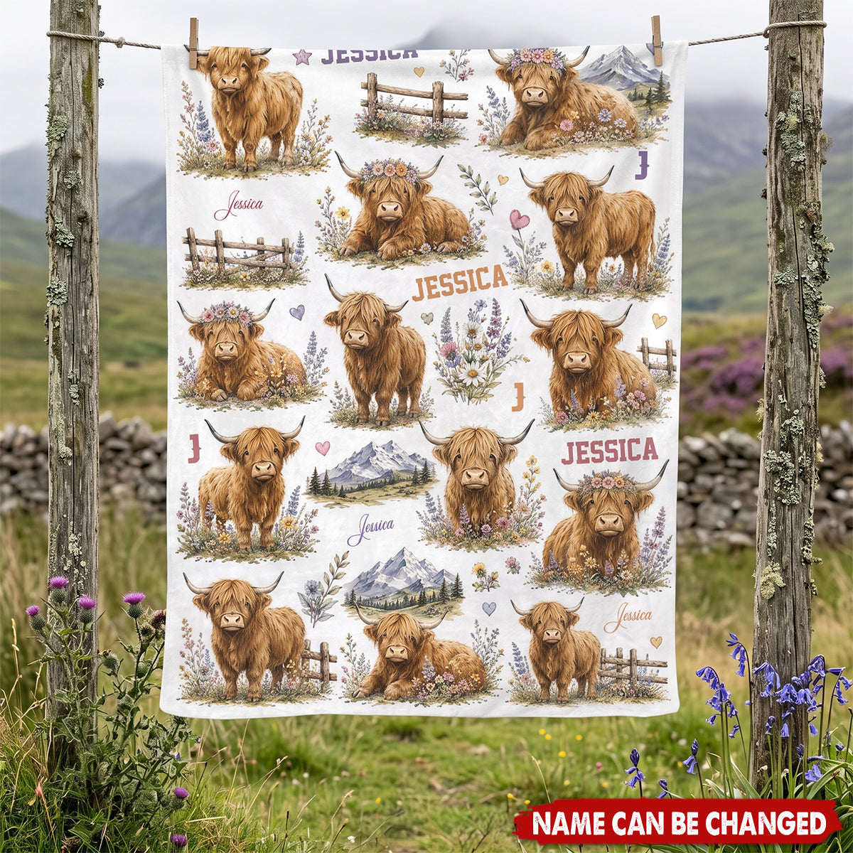 Personalized Highland Cow Baby Blanket - Custom Name Floral Nursery Decor & Shower Gift