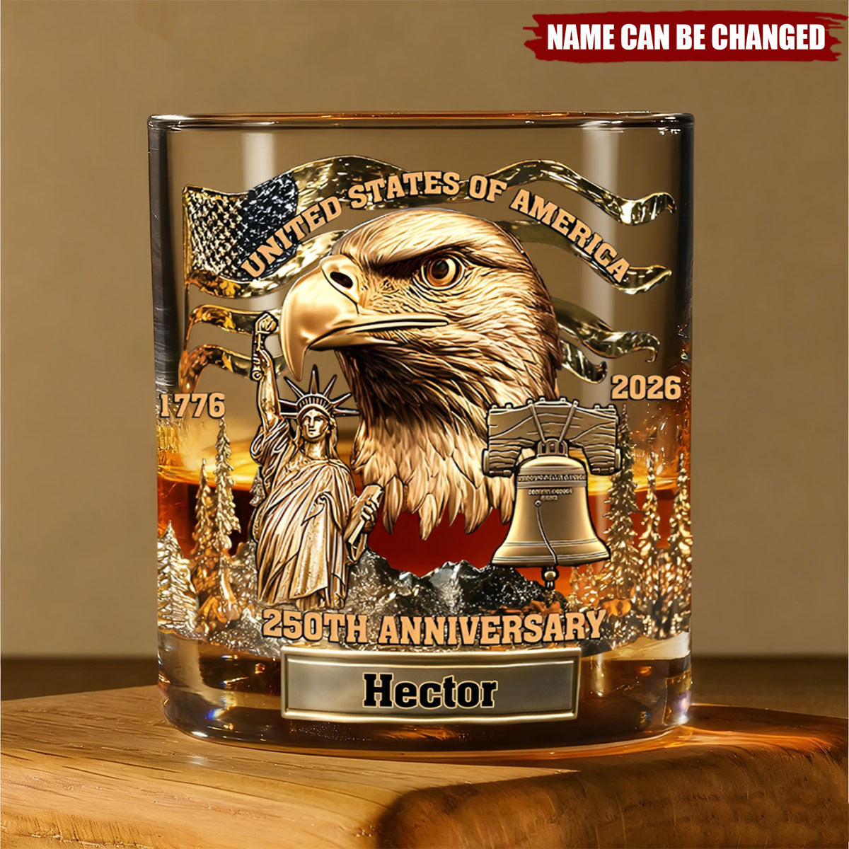 USA 250th Anniversary - Personalized Whiskey Glass,  Patriotic Cup Gift For Him