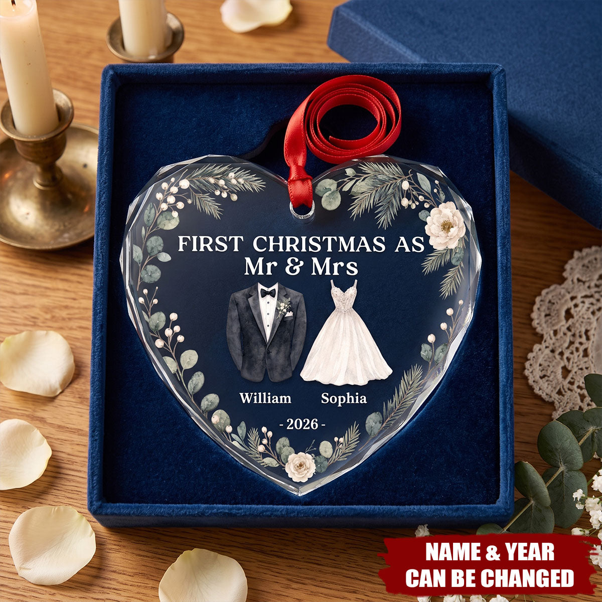 Custom First Christmas Heart Glass Ornament - Personalized Anniversary Christmas Wedding Gifts