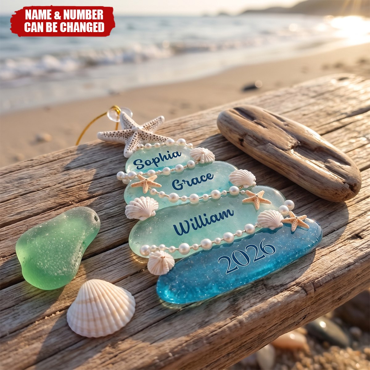 Personalized Sea Glass Tree 2026 Acrylic Ornament, Custom Beach Christmas Decoration