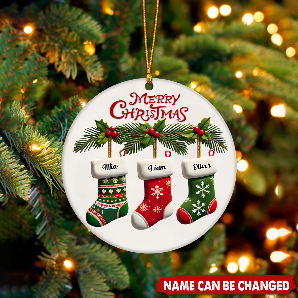 Personalized Family Stockings Christmas Circle Ceramic Ornament