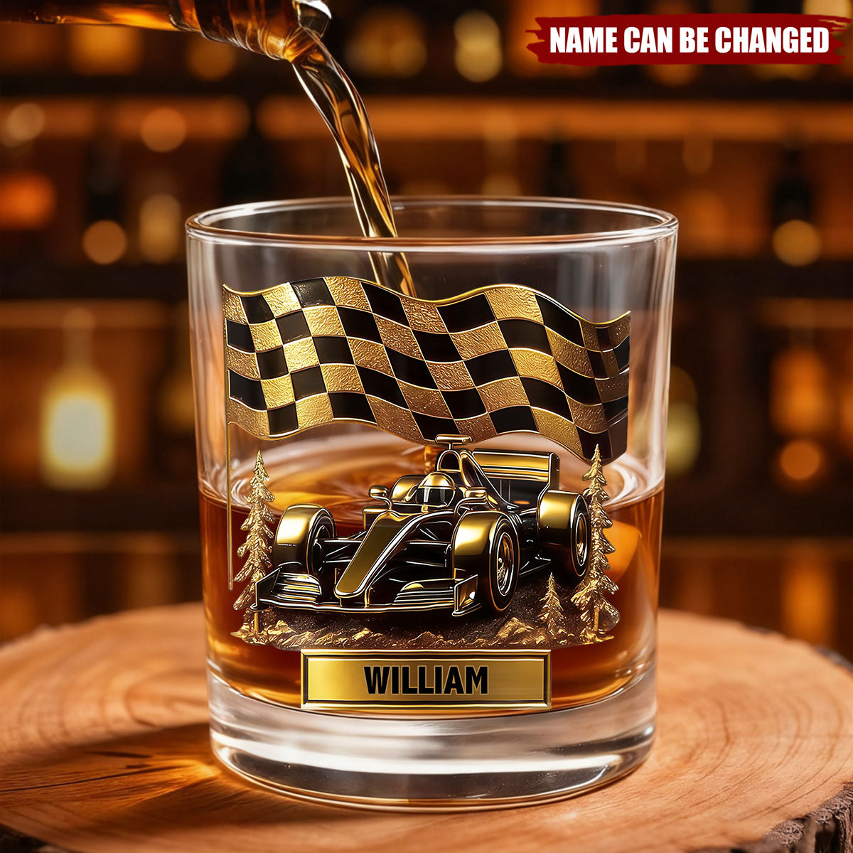Cherish Your Victories, Celebrate Your Passions, Race Car And Checkered Flag Whiskey Glass