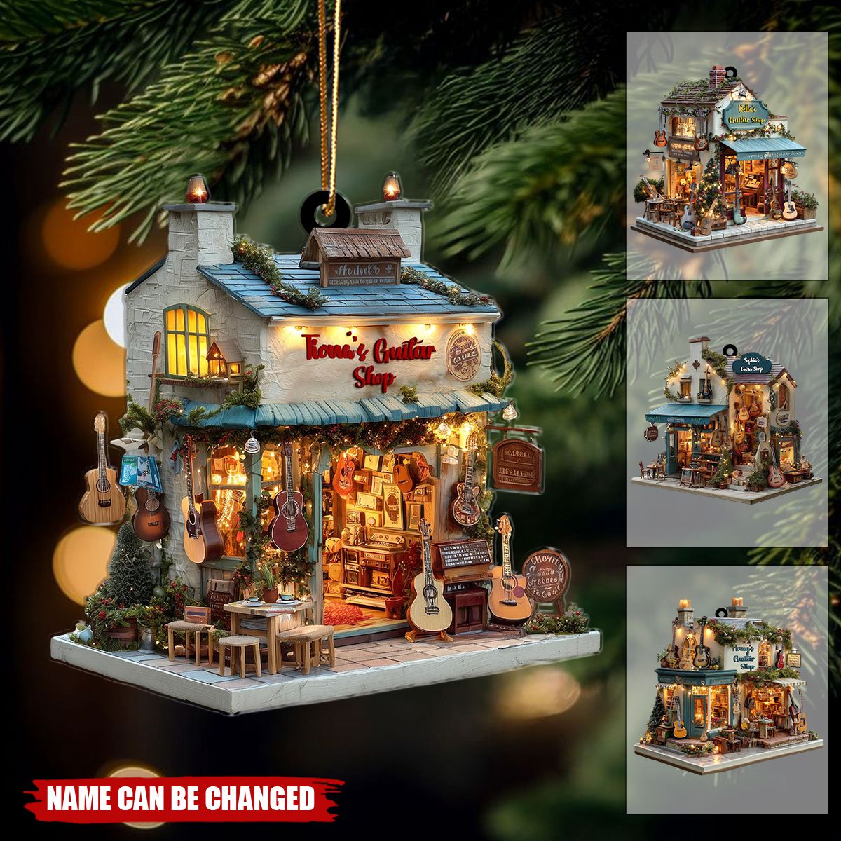 Guitar Shop Christmas Ornament, Mini Music Storefront with Acoustic Guitars